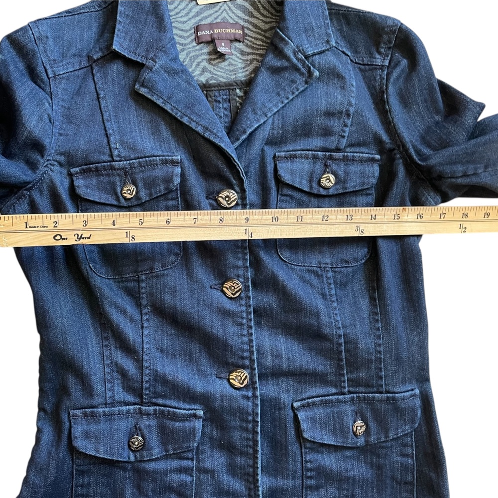 DANA BUCHMAN Dark Blue Button Front Lapel 4-Pocket Denim Jean Jacket - Size 8 - Picture 12 of 16
